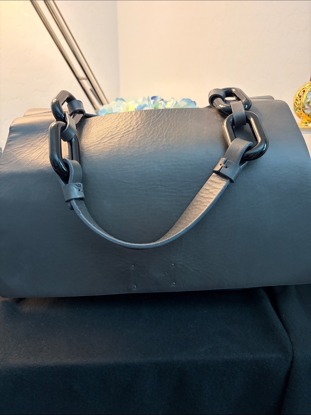 Structured Black Leather Satchel bag with Chunky Chain Strap
